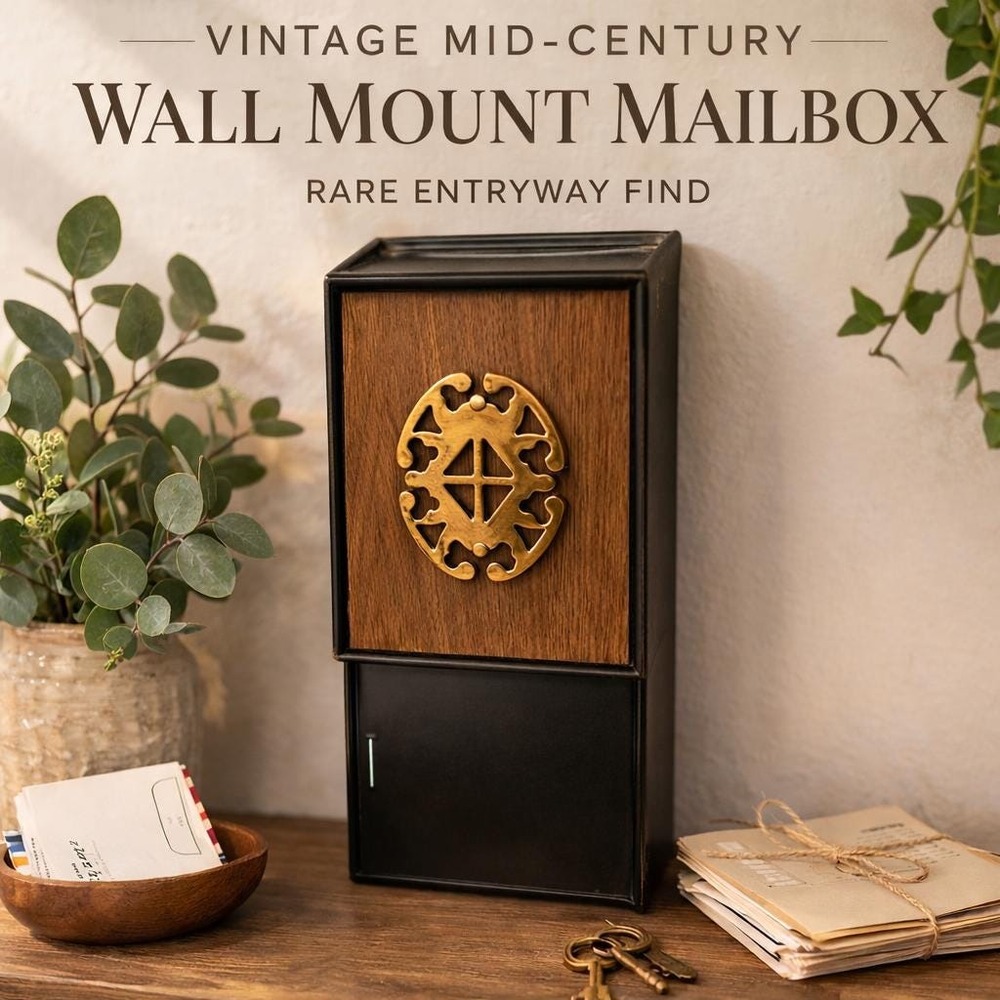 Vintage Mid Century Wall Mount Mailbox Wood Metal Brass Entryway MCM New W/ Box